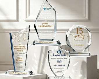 Custom Glass Recognition Trophy, Employee Success Award, Engraved Corporate Gift Plaque