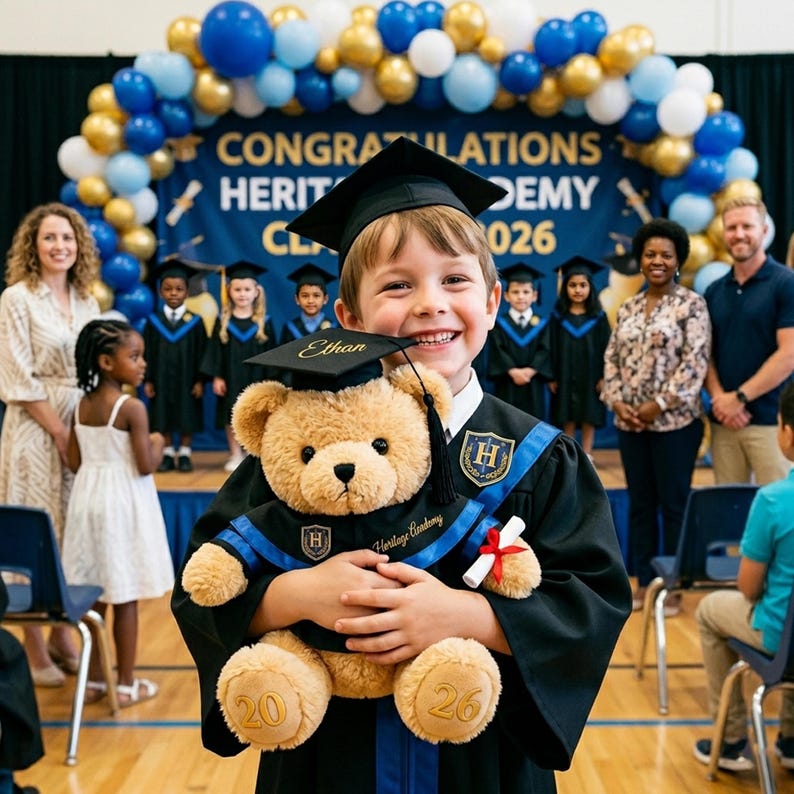 Puede incluir: Un ni&ntilde;o con toga de graduaci&oacute;n sostiene un oso de peluche con gorro y toga a juego. El oso tiene los n&uacute;meros "20" y "26" en sus patas. La pancarta dice "Felicitaciones Heritage Academy Clase de 2026".