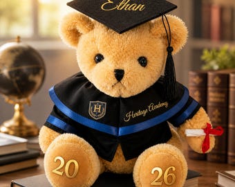 Custom Graduation Teddy Bear | Personalized Grad Plush with Cap & Gown | Class of 2026 Gift for Kidss