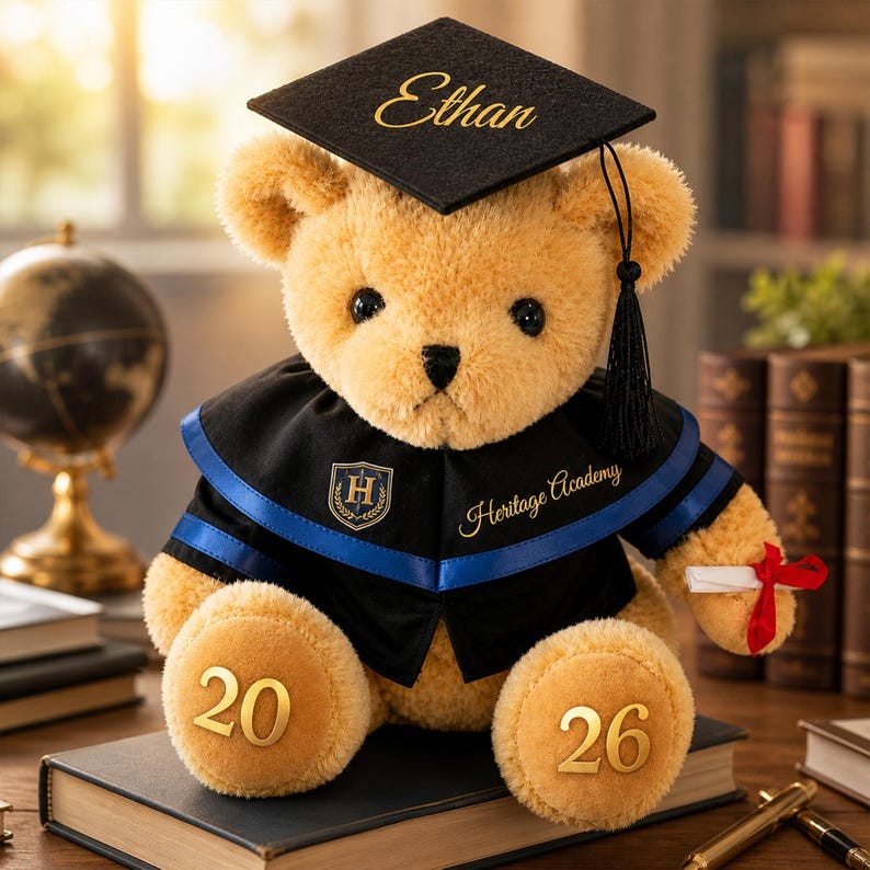 Puede incluir: Un oso de peluche con un gorro de graduaci&oacute;n con el nombre "Ethan" y una toga acad&eacute;mica negra y azul. El oso sostiene un diploma enrollado atado con una cinta roja. Las patas del oso est&aacute;n bordadas con los n&uacute;meros "20" y "26".