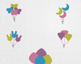 パーティーバルーン刺繍デザイン - カラフルなバルーン、月、ウサギ（デジタルファイル、6サイズ）