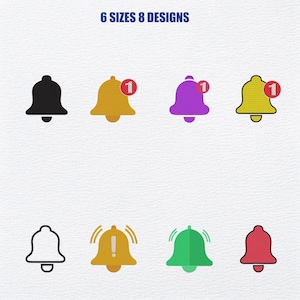 Puede incluir: Imagen con ocho diseños de campanas en varios colores, incluyendo negro, dorado, morado, amarillo, verde y rojo. Algunas campanas tienen una insignia de notificación con el número 1. El texto "6 SIZES 8 DESIGNS" está en la parte superior.