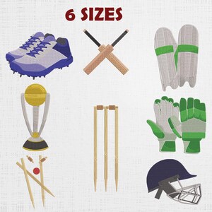 May include: An embroidered design featuring various cricket equipment. Includes a pair of cricket shoes, crossed bats, leg pads, a trophy, stumps, gloves, a helmet, and the text "6 SIZES" in red.