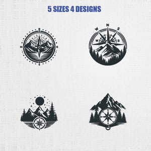 Könnte beinhalten: Vier schwarz-weiße Kompassdesigns mit Berg- und Waldillustrationen. Jedes Design zeigt eine Windrose und eine Bergkette. Der Text "5 SIZES 4 DESIGNS" befindet sich oben im Bild.