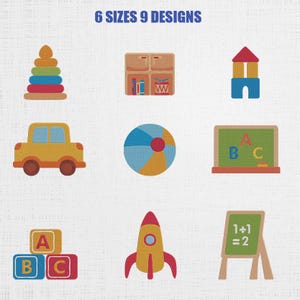 May include: Nine colorful toy designs are displayed, including a stacking ring, a cabinet with books and a drum, a house made of blocks, a yellow car, a beach ball, a chalkboard with ABC, blocks with ABC, a rocket, and a chalkboard with a math problem.