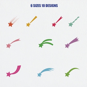 May include: A collection of colorful shooting star designs in various colors, including red, yellow, green, and purple. The image includes the text "6 SIZES 10 DESIGNS" at the top. These designs are suitable for various creative projects.