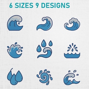 Peut inclure: Neuf motifs de vagues bleues et blanches sont présentés, chacun avec une forme et un style uniques. Le texte "6 TAILLES 9 MOTIFS" est en haut. Les motifs comprennent des vagues, des éclaboussures et des gouttes d'eau.