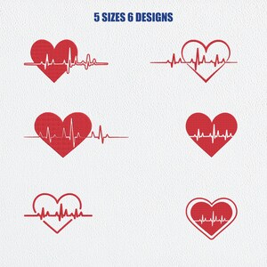 May include: A collection of six red heart designs with a white electrocardiogram line, displayed on a white background. The text "5 SIZES 6 DESIGNS" is at the top. The hearts vary in style, some solid, some outlined.