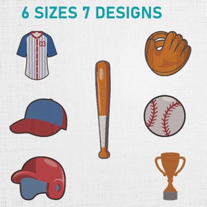 May include: An illustration featuring baseball-themed elements. Included are a baseball jersey, a baseball cap, a helmet, a baseball bat, a baseball glove, a baseball, and a trophy. The text "6 SIZES 7 DESIGNS" is at the top.