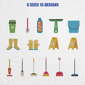 May include: An illustration of various cleaning supplies, including a green trash can with a recycling symbol, a red toilet brush, a blue bottle, a green window cleaner, a blue bucket, yellow boots, yellow gloves, and caution signs.