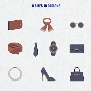 May include: An illustration featuring various accessories, including a brown wallet, scarf, and sunglasses. Other items include a tie, watch, purse, necklace, high heel, and handbag. Text at the top reads "6 SIZES 10 DESIGNS".