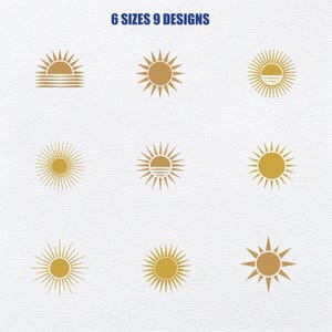 May include: Nine different sun designs in shades of gold are displayed on a white background. The suns vary in style, with some featuring rays, others a simple circle, and some with a horizon line. Text at the top reads "6 SIZES 9 DESIGNS."