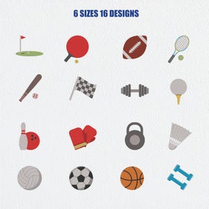 May include: A collection of 16 sports-themed designs in a flat illustration style. The image includes icons of a golf flag, ping pong paddle, football, tennis racket, baseball bat, checkered flag, dumbbell, golf ball, bowling pin, boxing gloves, kettlebell, badminton shuttlecock, volleyball, soccer ball, basketball, and dumbbells. Text reads: 6 SIZES 16 DESIGNS.