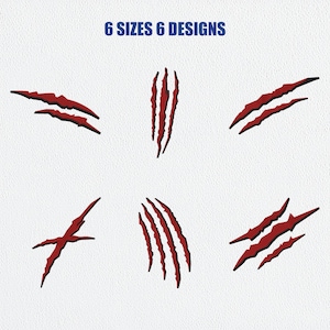 May include: Six distinct red claw mark designs arranged in two rows on a white textured background. The text 6 SIZES 6 DESIGNS is printed in blue at the top center. Each graphic features jagged, sharp-edged slashes in a deep red color.