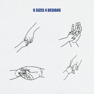 Könnte beinhalten: Strichzeichnungen von Händen, die sich halten, die Eltern-Kind-Bindung darstellen. Das Bild enthält vier verschiedene Designs, mit dem Text "6 GRÖSSEN 4 DESIGNS" in Blau oben. Die Illustrationen sind in Schwarz auf weißem Hintergrund.