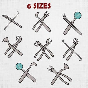 May include: Illustration of various dental tools, including pliers, mirrors, and probes, in a cartoon style. The tools are gray with black outlines and are arranged in a crossed pattern. The text "6 SIZES" is at the top.