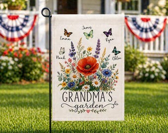 Personalized Grandmas Garden Butterfly Flag, Mothers Day Gift for Nana, Grandchildren Name Present, Garden Flag, Yard Art, Floral Decor