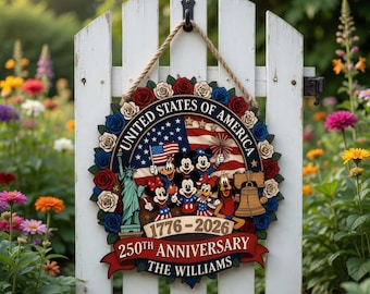 Custom Mickey Statue of Liberty 250th Anniversary Wreath, Patriotic Home Decor, Independence Day Gift, Door Sign, Wood Art, America Banner