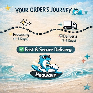 May include: An illustrated graphic with the text "YOUR ORDER'S JOURNEY" shows the processing and delivery stages. A dolphin wearing sunglasses surfs on a wave with the text "Heawave". The image also includes the text "Fast & Secure Delivery".