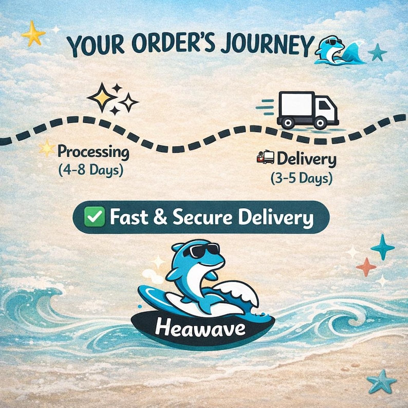 May include: An illustrated graphic with the text "YOUR ORDER'S JOURNEY" shows the processing and delivery stages. A dolphin wearing sunglasses surfs on a wave with the text "Heawave". The image also includes the text "Fast & Secure Delivery".
