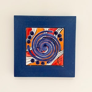 Signed Hand Painted Ceramic Tile Wall Art, Abstract Spiral Plaque, Framed Italian Pottery