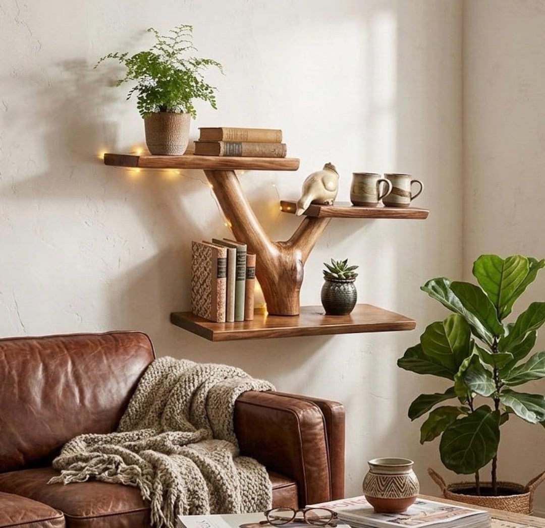 Handmade Wooden Branch Wall Shelf - Rustic Boho Tiered Floating Shelves ...