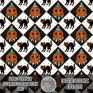 May include: A repeating pattern featuring orange jack-o'-lanterns wearing party hats and black cats on a black and white diamond background. The words "HAND DRAWN SEAMLESS PATTERN PNG" are at the bottom. The image is 3600x3600 pixels at 300 DPI.
