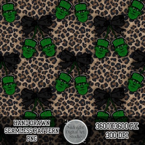 Puede incluir: Un patrón digital sin costuras con cabezas de monstruo de Frankenstein verdes dispuestas como cerezas, conectadas por lazos negros, sobre un fondo de estampado de leopardo marrón y negro. Texto: HAND DRAWN SEAMLESS PATTERN PNG, Midnight Digital Art Studio, 3600X3600 PX, 300 DPI.