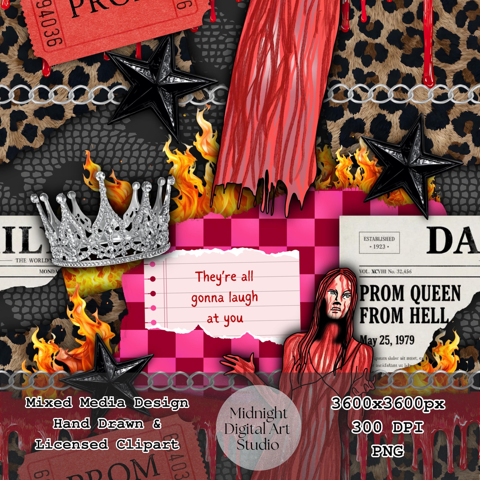 Horror Prom Queen Seamless Pattern, Pink Checkered Leopard PNG (digital ...