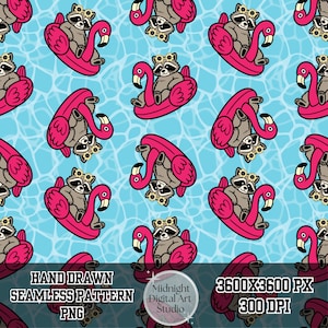 May include: Seamless pattern featuring cartoon raccoons wearing flower crowns, floating on pink flamingo pool floats against a blue water background. The image includes the text "HAND DRAWN SEAMLESS PATTERN PNG".