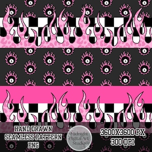 May include: Seamless pattern design featuring pink flames, black and white checkered sections, and repeating images of the number eight ball. The design includes the text "HAND DRAWN SEAMLESS PATTERN PNG" and "3600X3600 PX 300 DPI".