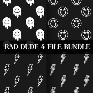 May include: A digital graphic design set titled RAD DUDE 4 FILE BUNDLE featuring four black and white patterns. The designs include melting smiley faces with X eyes, star-eyed smiley faces, lightning bolts with stars, and checkered lightning bolts.