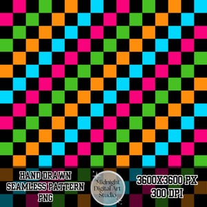 May include: A digital seamless pattern featuring a repeating grid of black, neon pink, bright orange, cyan blue, and lime green squares. The image includes text that reads: Hand Drawn Seamless Pattern PNG, Midnight Digital Art Studio, 3600x3600 px, 300 DPI.