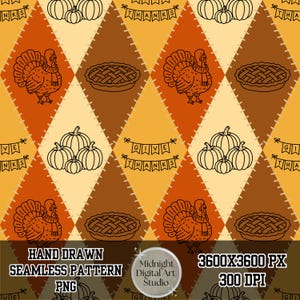 Hand-Drawn Thanksgiving Patchwork Pattern, Turkey Pumpkin Pie, Argyle Fabric Print (Digital Download)