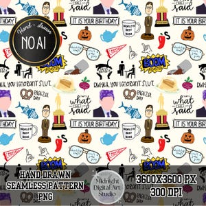 May include: A hand-drawn seamless pattern featuring various elements from a popular TV show, including a pumpkin, a beet, a teapot, and the phrase "World's Best Boss." The design is set against a cream background.