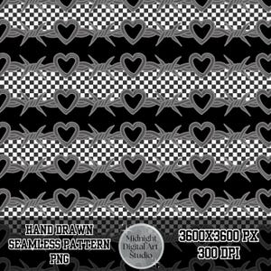 May include: A black and white seamless pattern featuring barbed wire, hearts, and checkered patterns. The design includes the text "HAND DRAWN SEAMLESS PATTERN PNG" and "3600X3600 PX 300 DPI". A circular logo reads "Midnight Digital Art Studio".