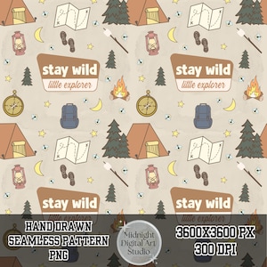 Camping Seamless File: Hand-Drawn Wildlife Pattern (PNG Digital Download)