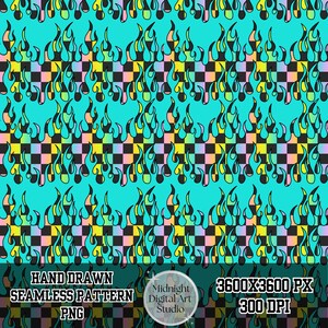 May include: A seamless pattern with teal flames, outlined in black, set against a checkered background of black, pink, yellow, and purple squares. The text reads "HAND DRAWN SEAMLESS PATTERN PNG".