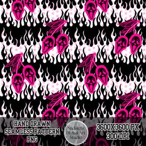 May include: A seamless digital pattern featuring a repeating design of bright pink ghost-like masks shaped as cherries with leaves, set against a background of black flames and small pink stars. The text reads Hand Drawn Seamless Pattern PNG.