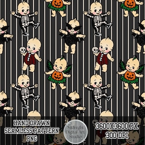 May include: A seamless digital pattern featuring cartoon babies in Halloween costumes, including skeletons, pumpkins, and bats, set against a black background with thin white vertical stripes. Text reads Hand Drawn Seamless Pattern PNG 3600x3600 PX 300 DPI.