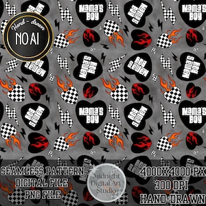 Mama's Boy Seamless Pattern, Retro Racing Hearts Digital Paper, Checkered Flame Pattern PNG, 4000x4000PX