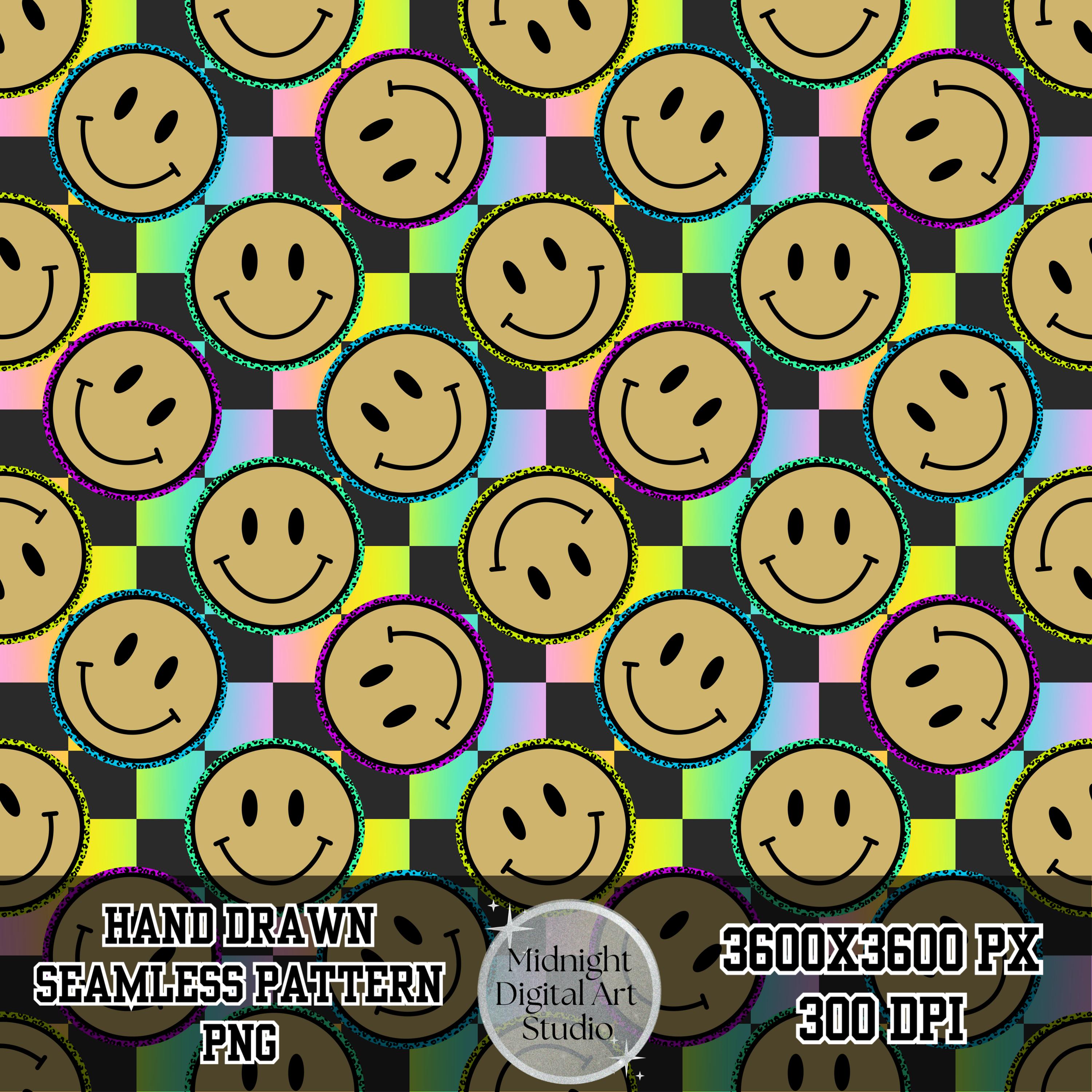 Smiley 80s Pattern Retro Smiley Face Seamless Pattern PNG, Neon Checkerboard Fabric Design ...