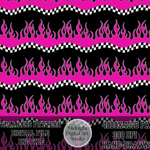 May include: A seamless digital pattern with a repeating design of hot pink flames on a black background, with wavy white and black checkered stripes. The image includes text that reads "SEAMLESS PATTERN DIGITAL FILE PNG FILE 4000X4000 PX 300 DPI HAND-DRAWN".