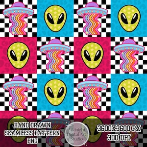 May include: A repeating pattern featuring cartoon aliens and UFOs. The design includes green aliens with black eyes, and UFOs with colorful beams. The background alternates between blue, pink, and black and white checkered squares.