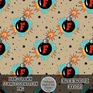 May include: A seamless digital pattern featuring repeating black cartoon bombs with a red letter F, orange and yellow starbursts, and light blue clouds on a tan background with small black dots and stars. Text reads HAND DRAWN SEAMLESS PATTERN PNG.