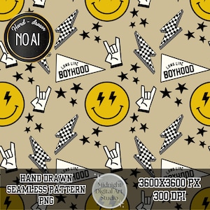 Grunge Seamless Pattern, Punk Smiley Digital Paper, Y2K Skater Lightning PNG, Edgy Boyhood Background