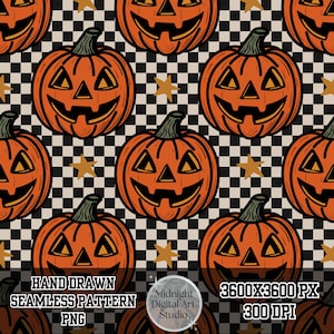 May include: A seamless digital pattern featuring orange jack-o'-lanterns with carved triangular eyes and wide grins, arranged against a black and white checkered background with small gold stars scattered throughout the design.