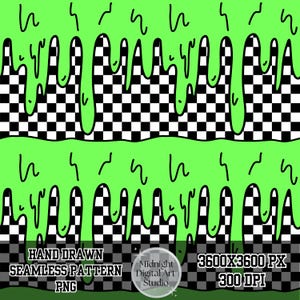 May include: Seamless pattern design featuring a vibrant green background with black and white checkered sections. Black dripping slime-like shapes and abstract lines add a unique touch. The design includes the text "HAND DRAWN SEAMLESS PATTERN PNG".