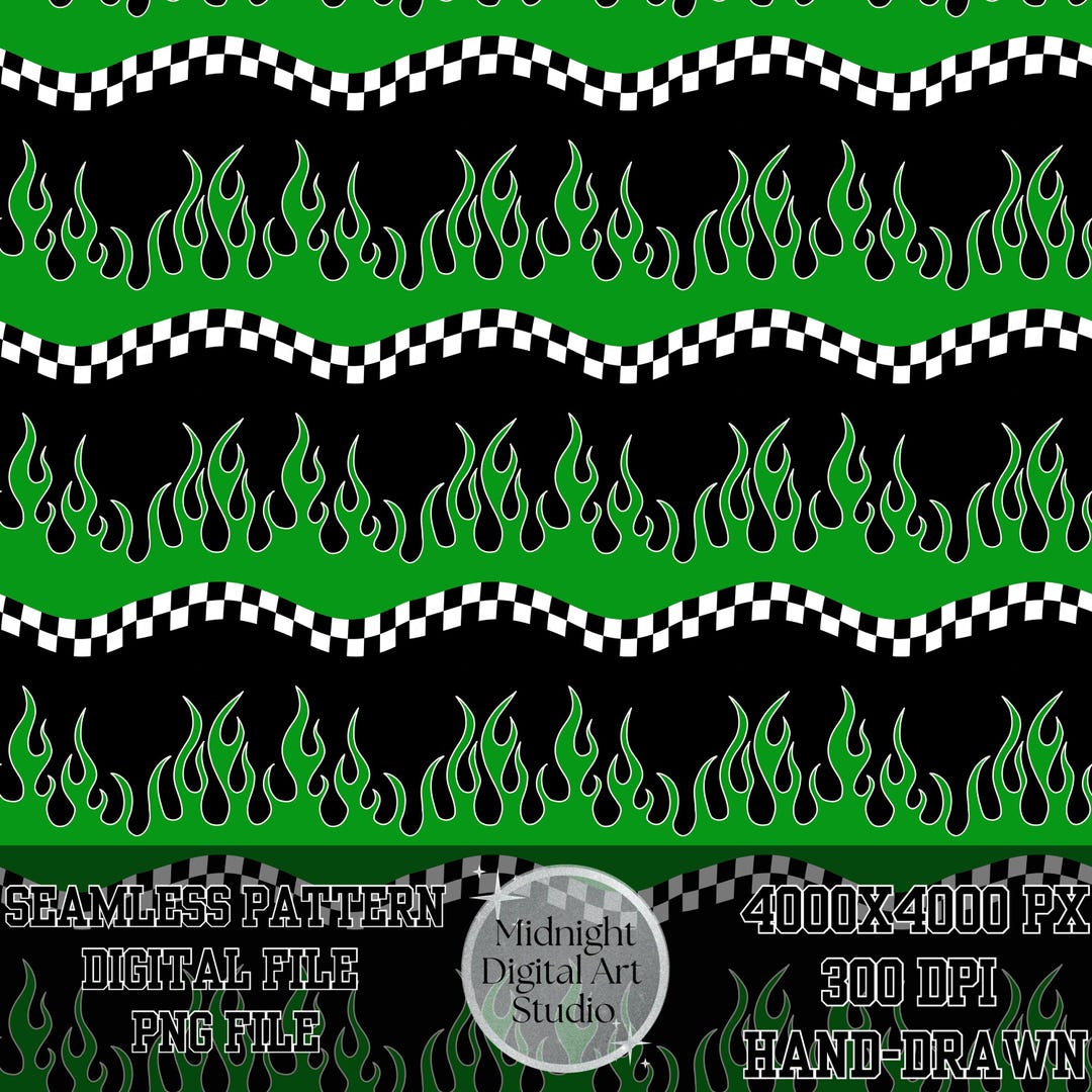 Fire Design Pattern Green Green Flame Checkered Seamless Pattern PNG, Racing Fire Digital Paper ...
