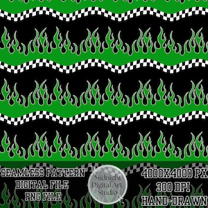 Peut inclure: Motif sans couture avec des flammes vertes, des fonds noirs et des bordures ondulées à damier. Le motif comprend le texte "SEAMLESS PATTERN DIGITAL FILE PNG FILE" et "4000X4000 PX 300 DPI HAND-DRAWN".